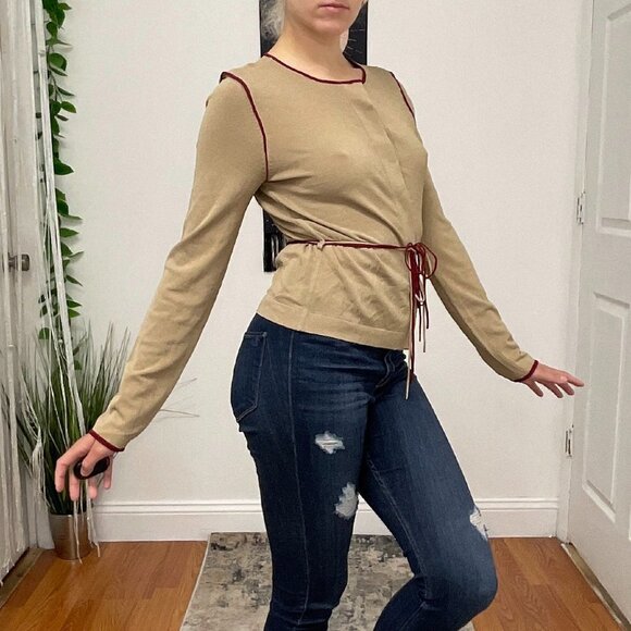 White + Warren Crew Neck Button-Up Cardigan Sweater Tie-Waist Size S Tan - Picture 13 of 15